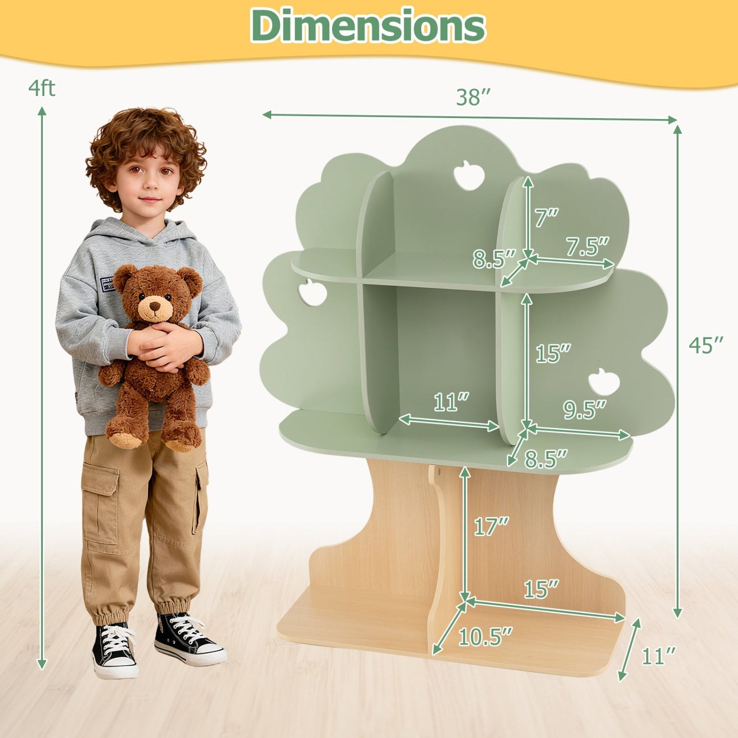 Kids Tree Bookshelf 45" Tall Freestanding Bookcase with Open Shelves-Green