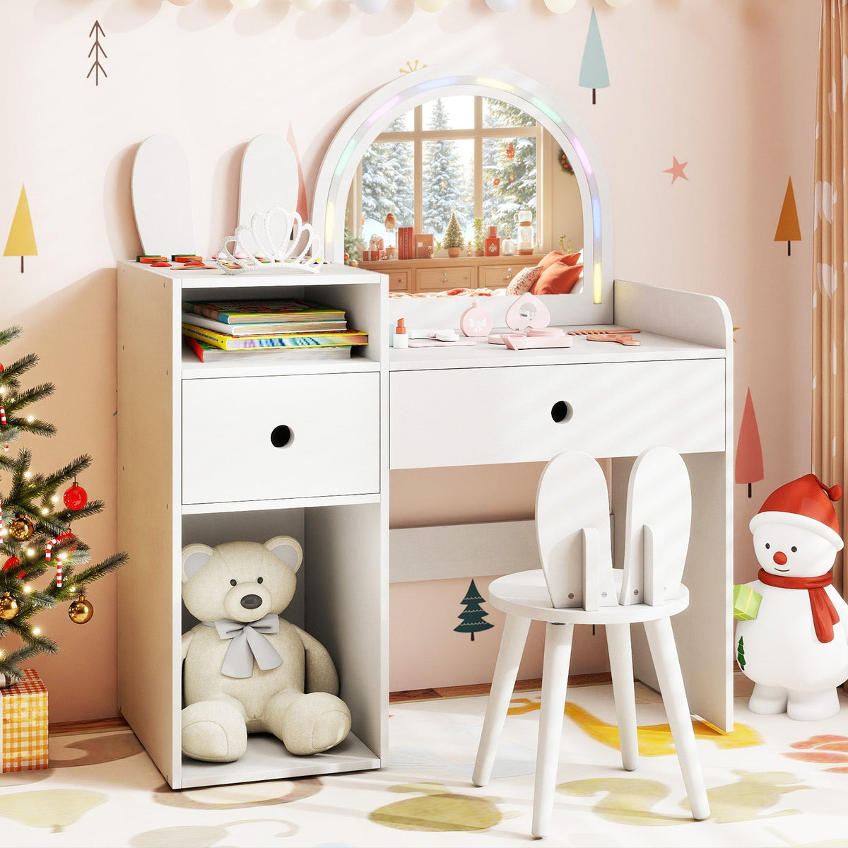 Kids Vanity Desk and Chair Set with Lights Open Shelves