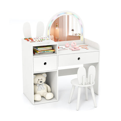 Kids Vanity Desk and Chair Set with Lights Open Shelves