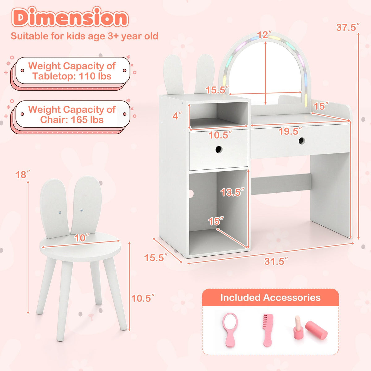 Kids Vanity Desk and Chair Set with Lights Open Shelves
