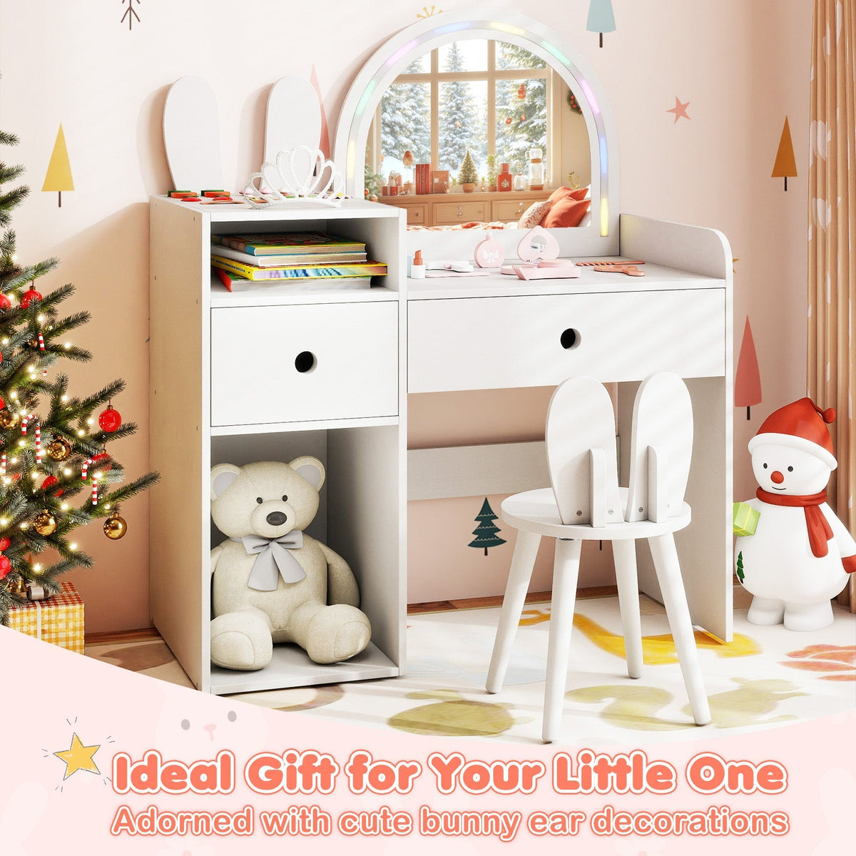 Kids Vanity Desk and Chair Set with Lights Open Shelves