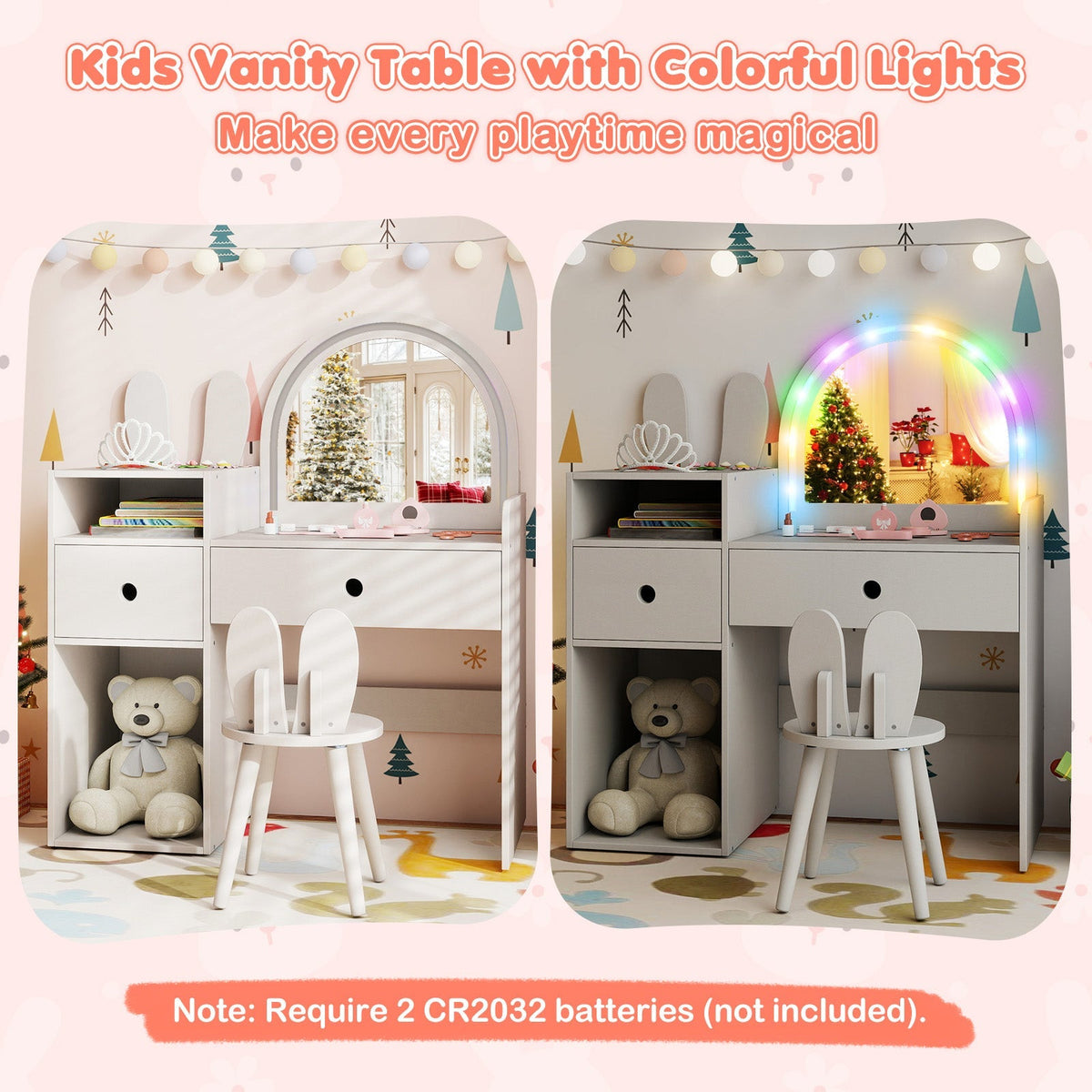Kids Vanity Desk and Chair Set with Lights Open Shelves