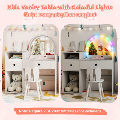 Kids Vanity Desk and Chair Set with Lights Open Shelves