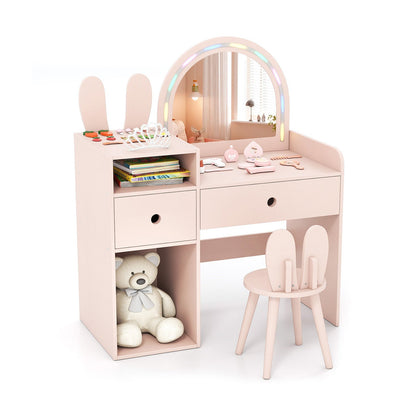 Kids Vanity Desk and Chair Set with Lights Open Shelves
