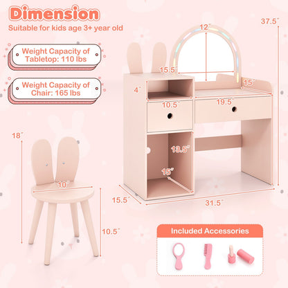 Kids Vanity Desk and Chair Set with Lights Open Shelves