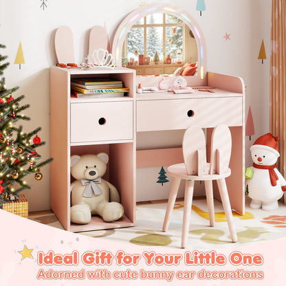 Kids Vanity Desk and Chair Set with Lights Open Shelves