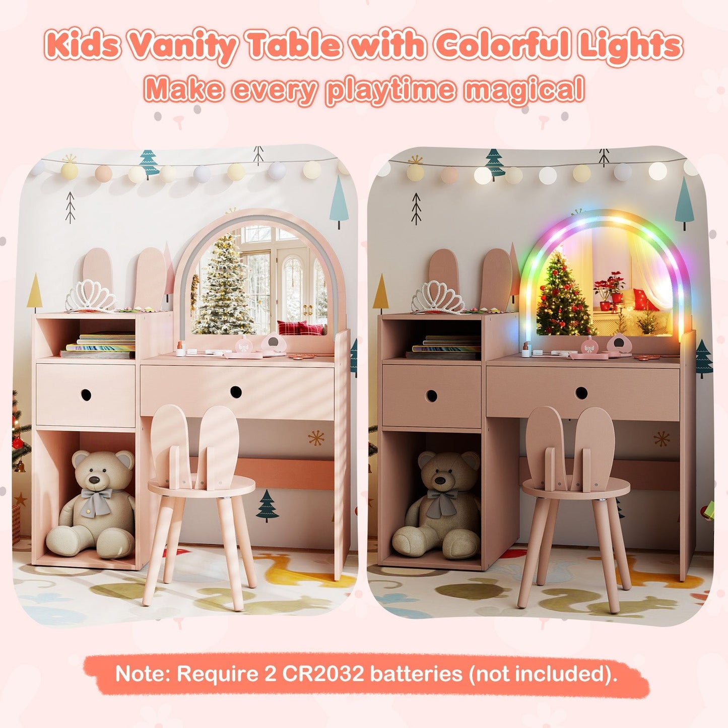 Kids Vanity Desk and Chair Set with Lights Open Shelves