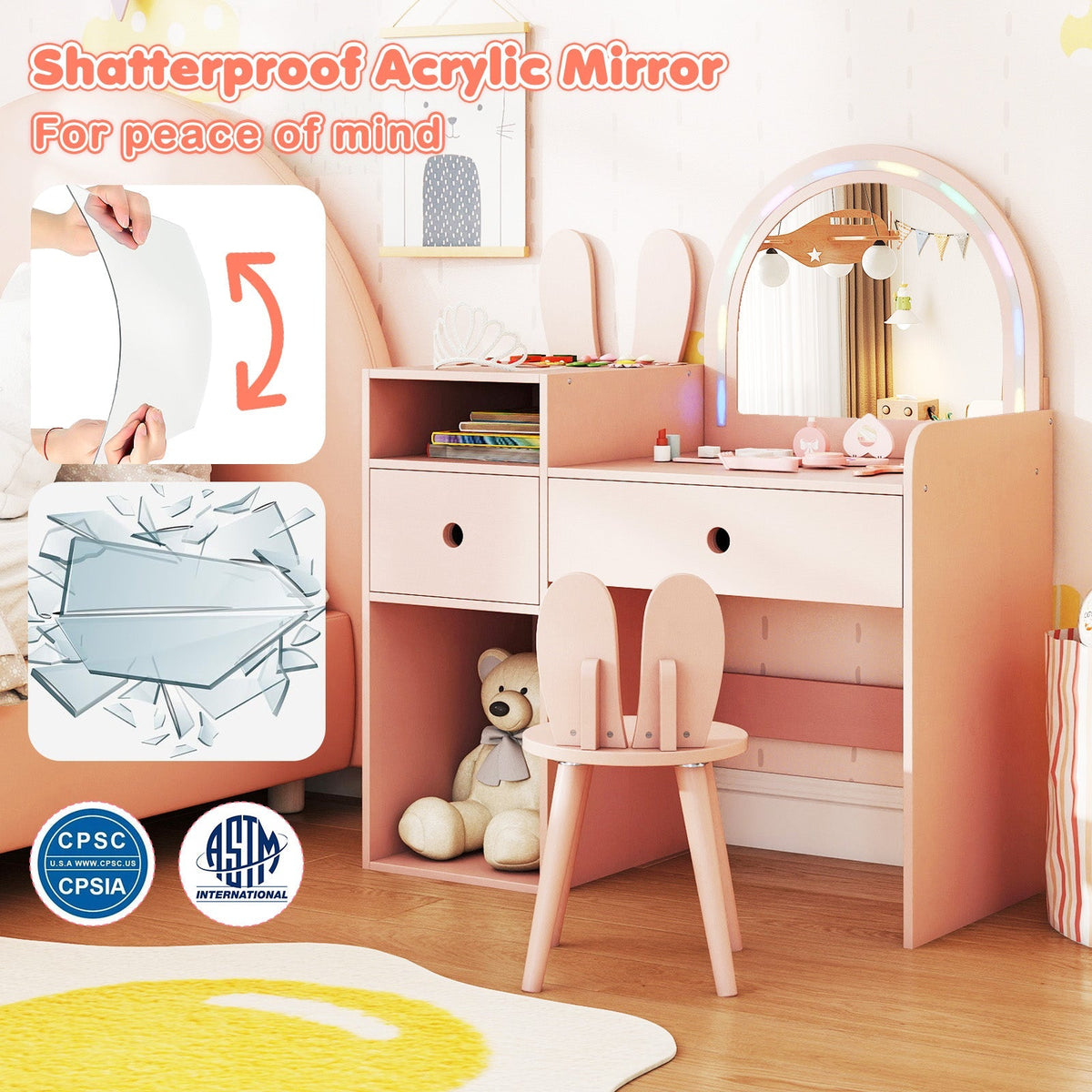 Kids Vanity Desk and Chair Set with Lights Open Shelves