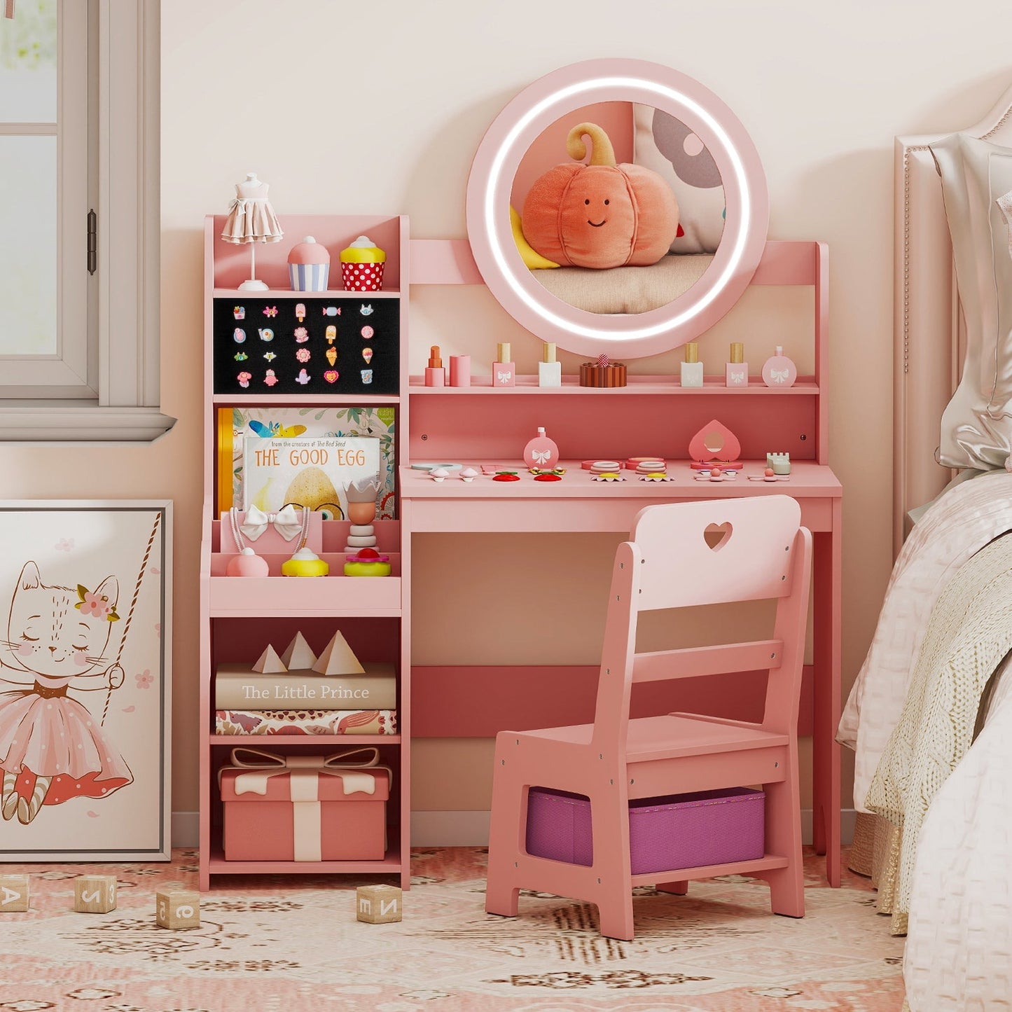 Kids Vanity Desk with Mirror and Lights Princess Pretend Play Dressing Table and Chair Set
