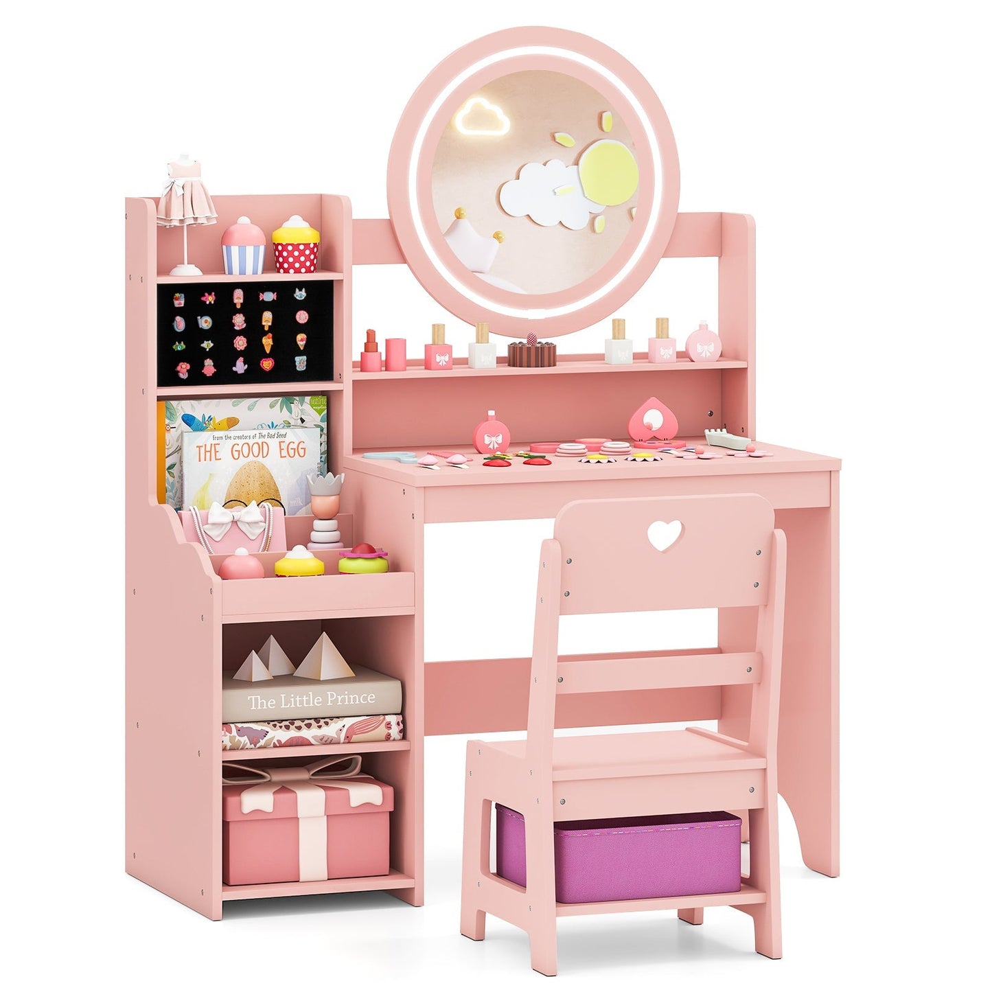 Kids Vanity Desk with Mirror and Lights Princess Pretend Play Dressing Table and Chair Set