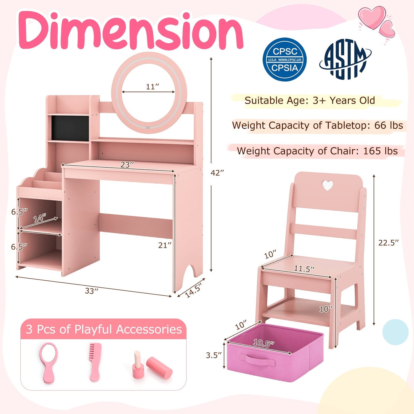 Kids Vanity Desk with Mirror and Lights Princess Pretend Play Dressing Table and Chair Set