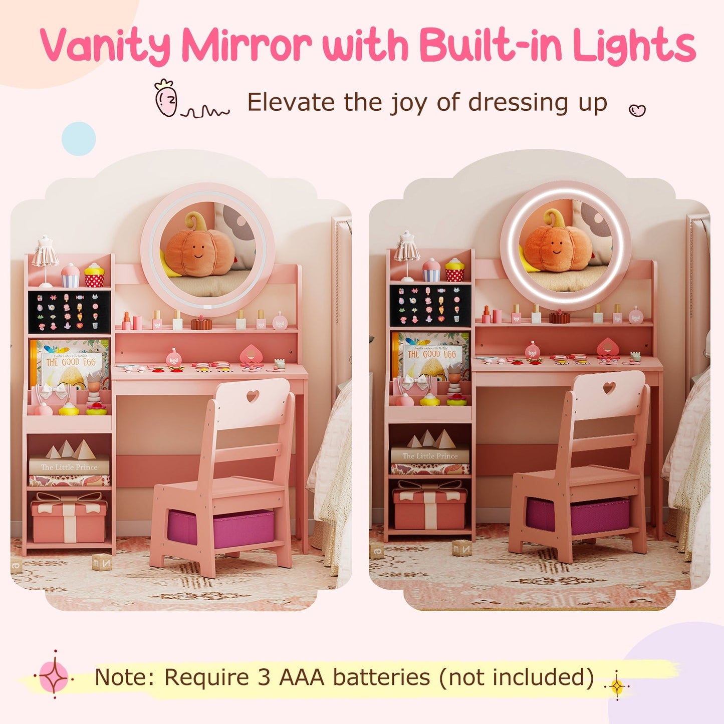 Kids Vanity Desk with Mirror and Lights Princess Pretend Play Dressing Table and Chair Set