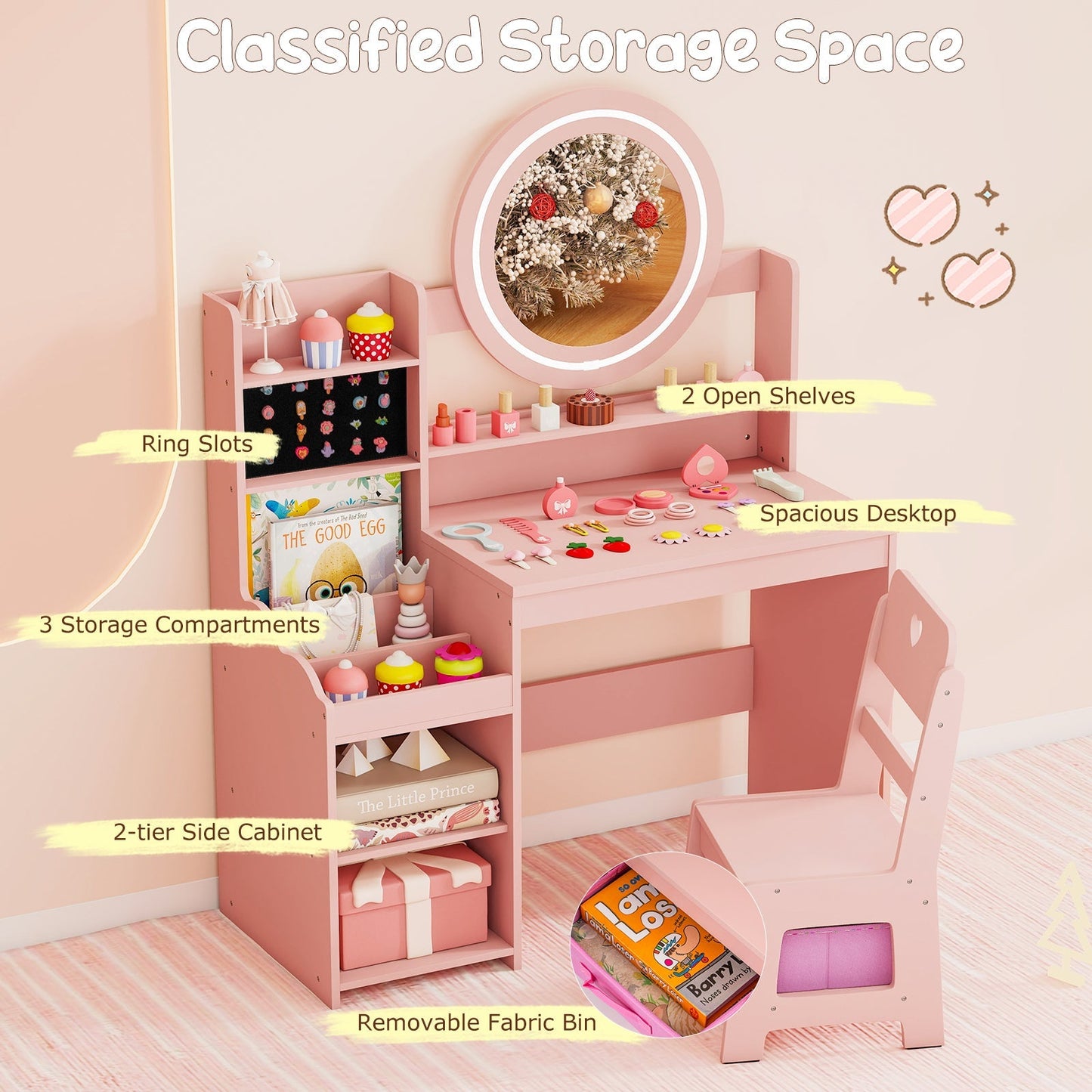 Kids Vanity Desk with Mirror and Lights Princess Pretend Play Dressing Table and Chair Set