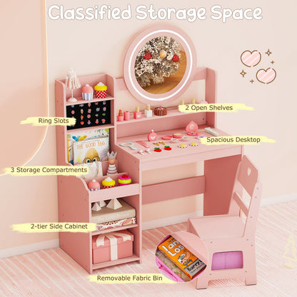 Kids Vanity Desk with Mirror and Lights Princess Pretend Play Dressing Table and Chair Set