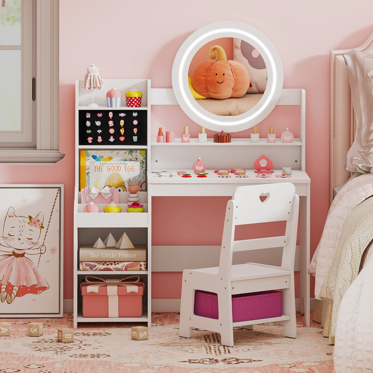 Kids Vanity Desk with Mirror and Lights Princess Pretend Play Dressing Table and Chair Set
