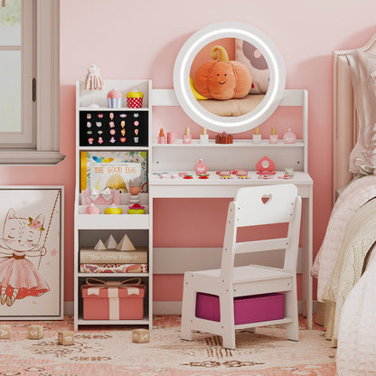 Kids Vanity Desk with Mirror and Lights Princess Pretend Play Dressing Table and Chair Set