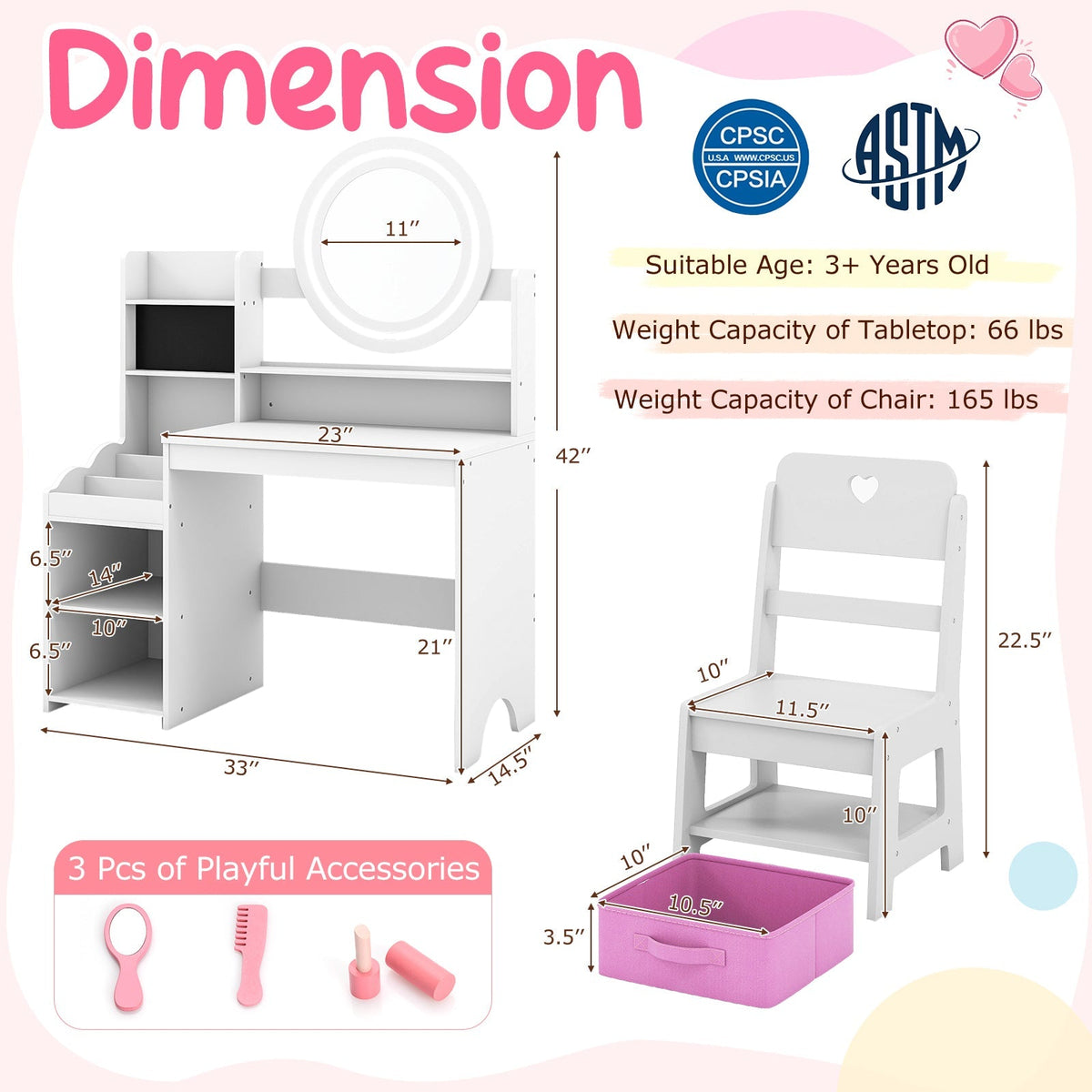 Kids Vanity Desk with Mirror and Lights Princess Pretend Play Dressing Table and Chair Set