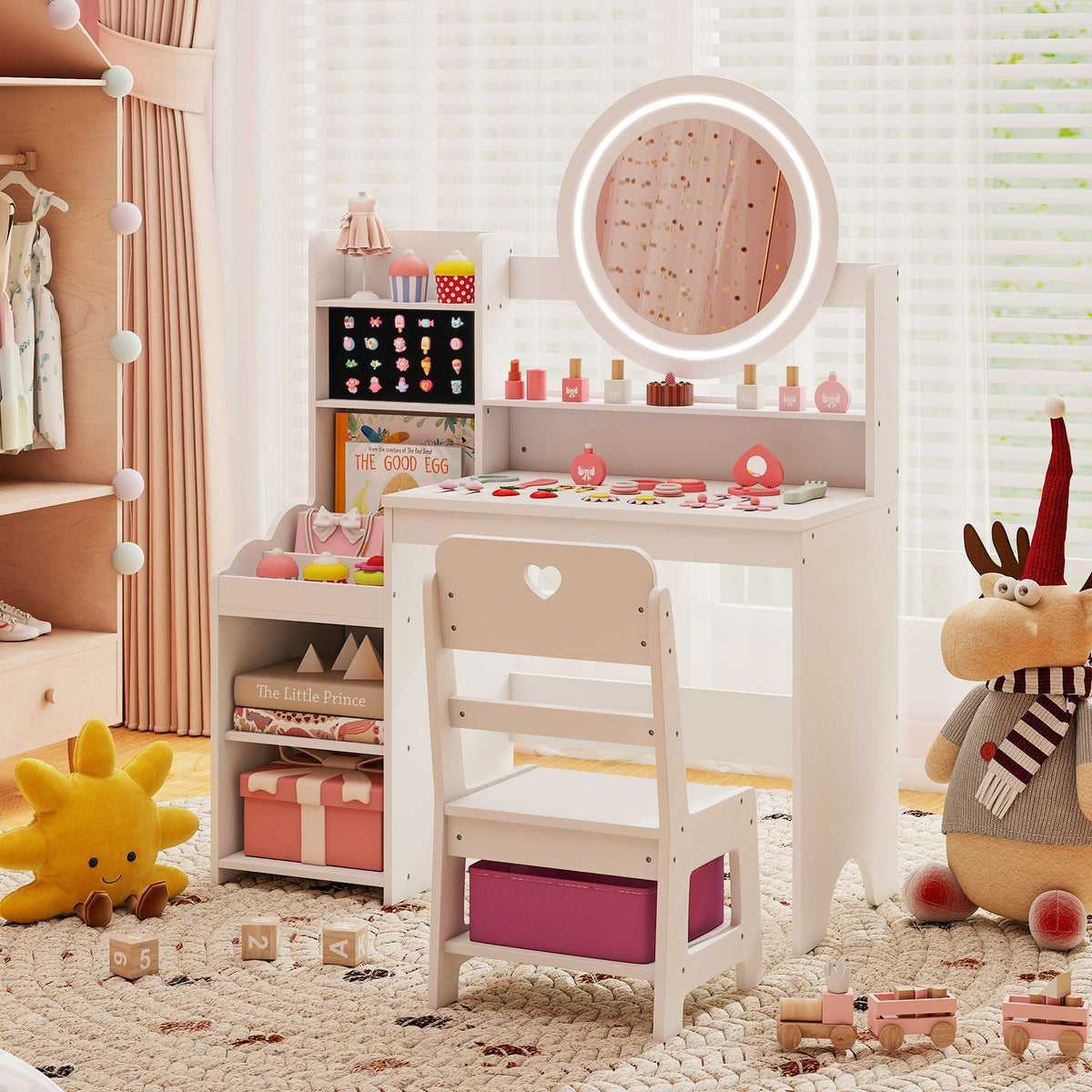 Kids Vanity Desk with Mirror and Lights Princess Pretend Play Dressing Table and Chair Set