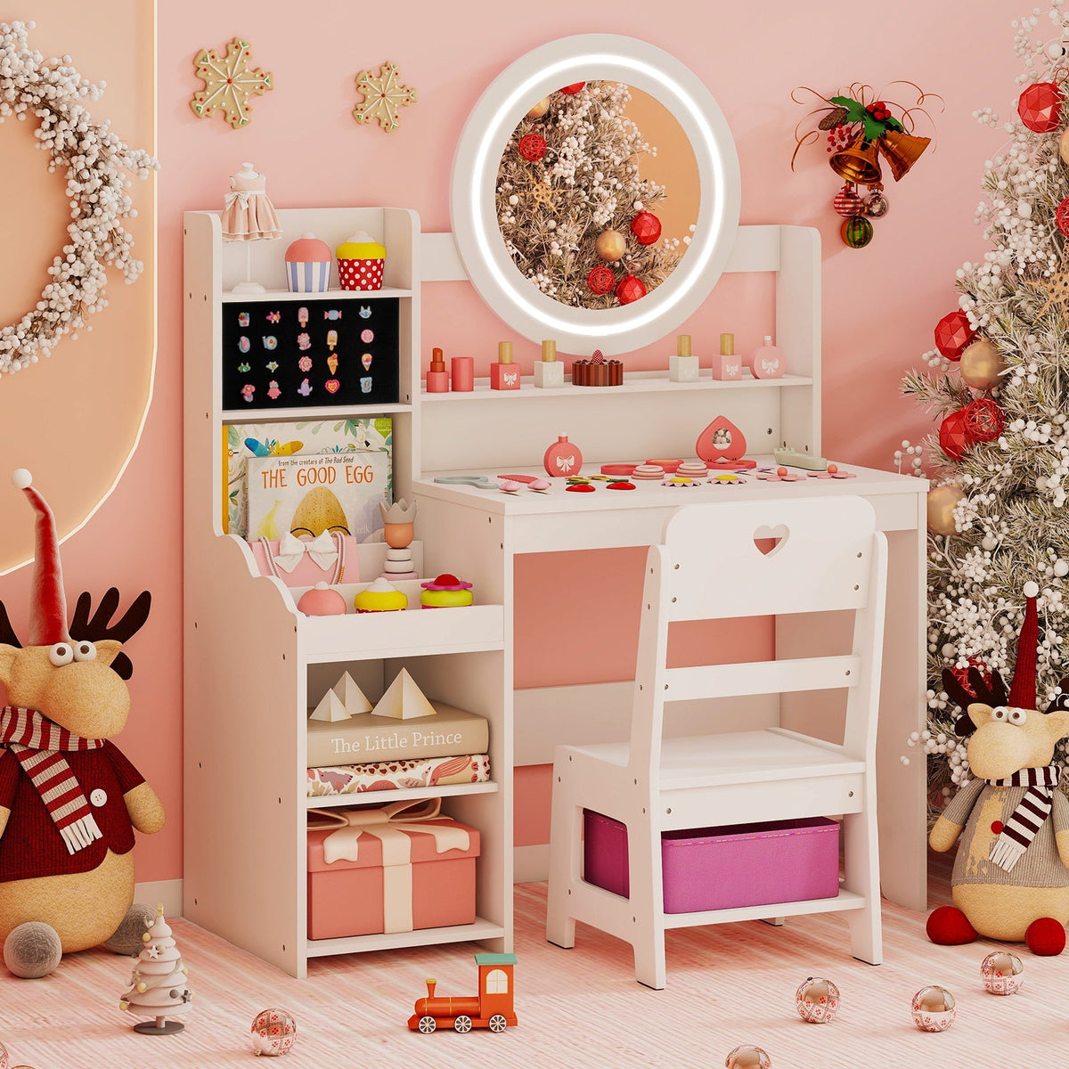 Kids Vanity Desk with Mirror and Lights Princess Pretend Play Dressing Table and Chair Set