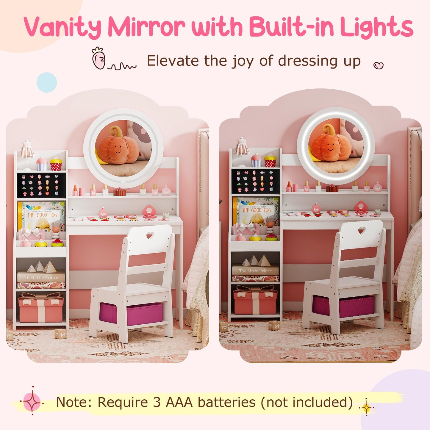 Kids Vanity Desk with Mirror and Lights Princess Pretend Play Dressing Table and Chair Set