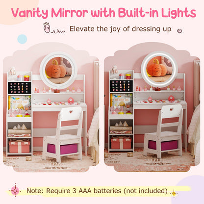 Kids Vanity Desk with Mirror and Lights Princess Pretend Play Dressing Table and Chair Set