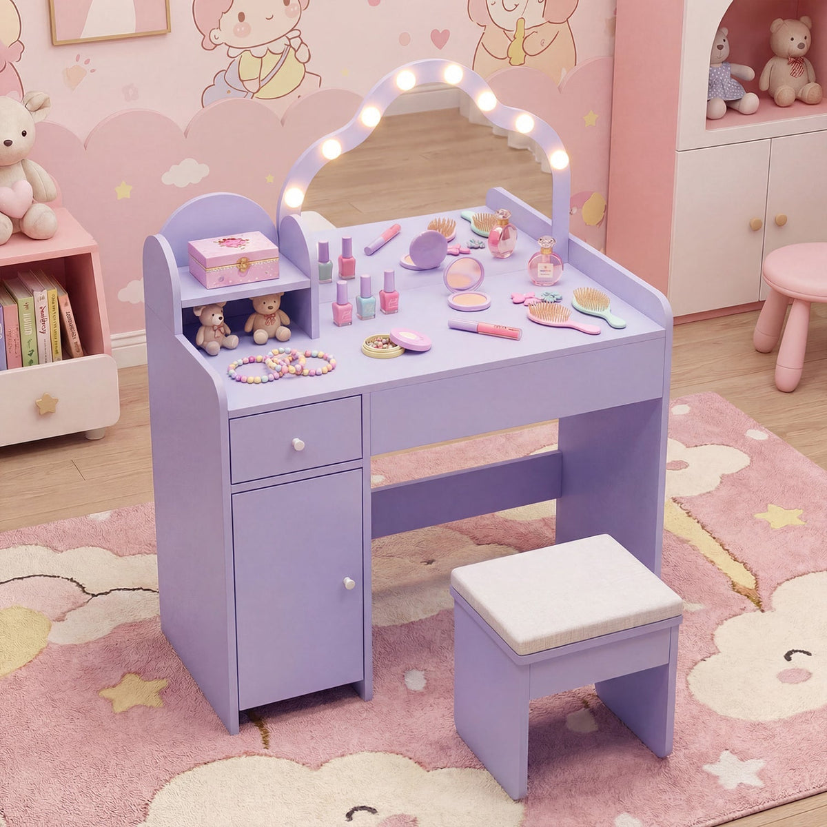 Kids Vanity Desk with Mirror and Lights Princess Pretend Play Dressing Table-Purple
