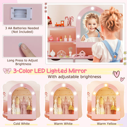 Kids Vanity Set Pretend Play Dressing Table Set with 3-Color Lighting Modes Adjustable Brightness and Mirror Cabinet