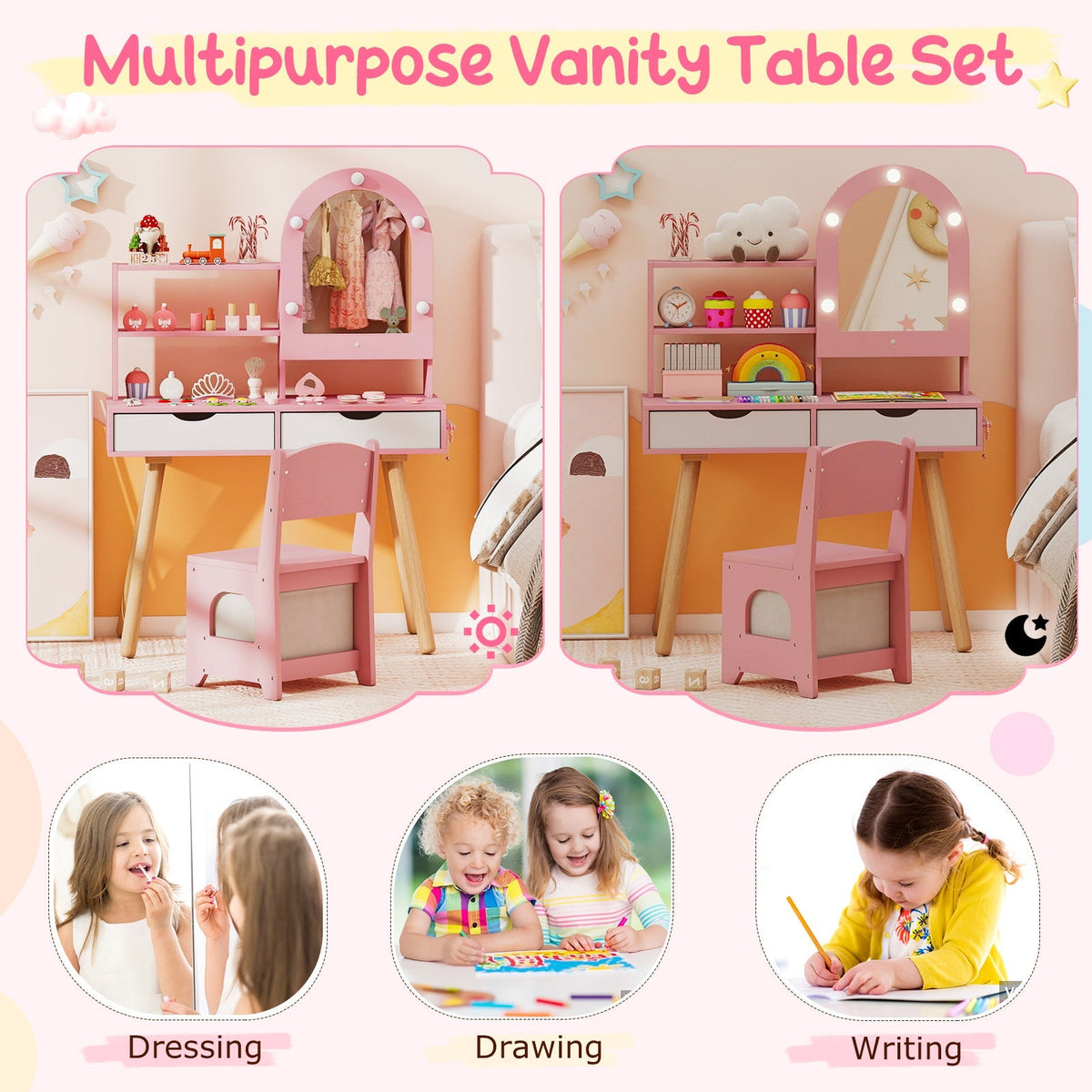 Kids Vanity Set Pretend Play Dressing Table Set with 3-Color Lighting Modes Adjustable Brightness and Mirror Cabinet