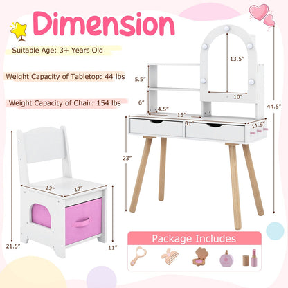 Kids Vanity Set Pretend Play Dressing Table Set with 3-Color Lighting Modes Adjustable Brightness and Mirror Cabinet