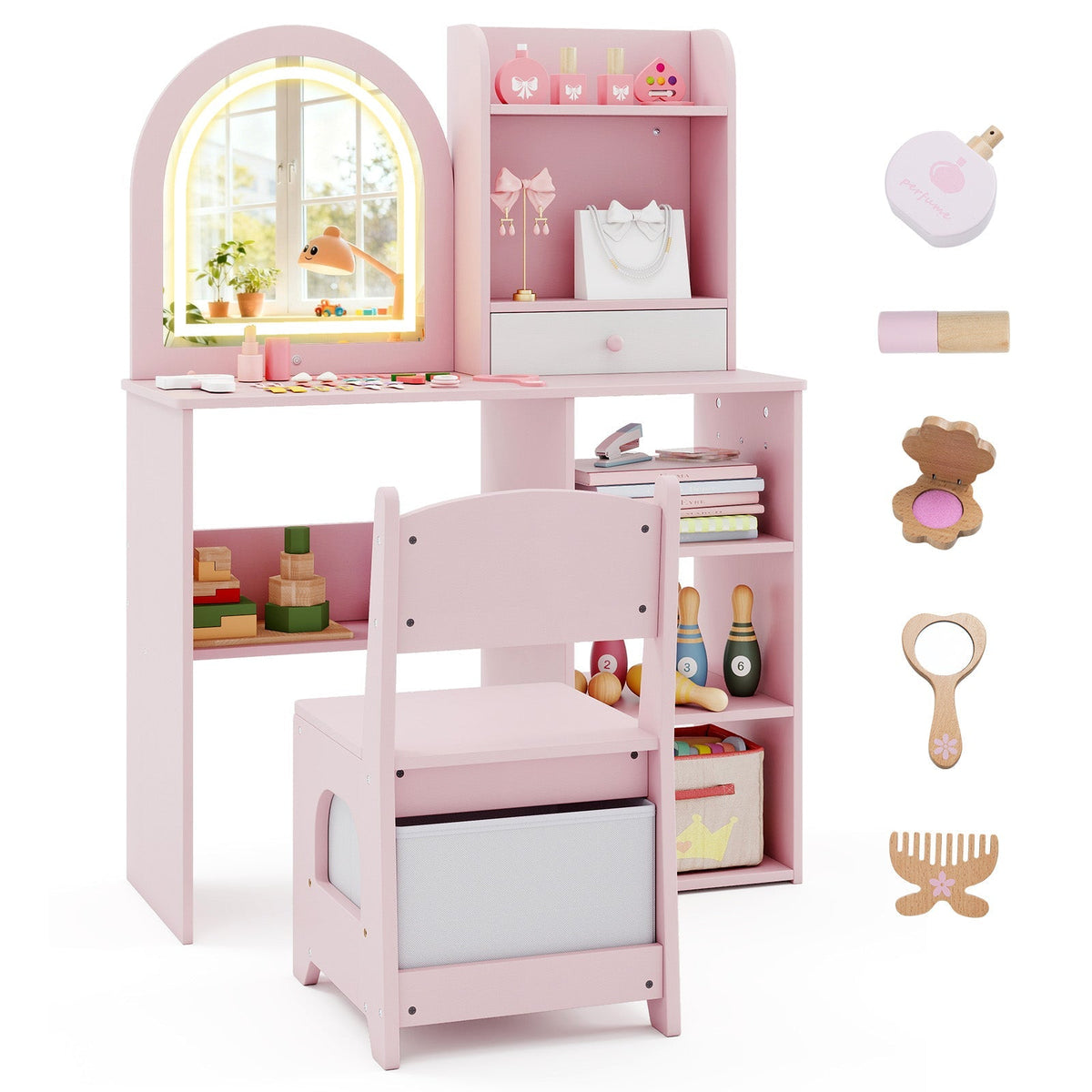 Kids Vanity Set Princess Girls Makeup Vanity Desk with Chair and 3-Color LED Lighted Mirror
