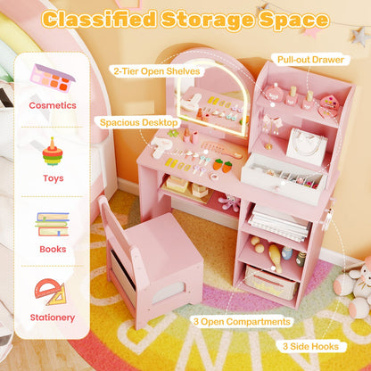 Kids Vanity Set Princess Girls Makeup Vanity Desk with Chair and 3-Color LED Lighted Mirror