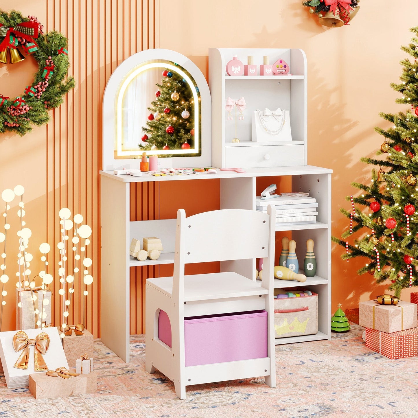 Kids Vanity Set Princess Girls Makeup Vanity Desk with Chair and 3-Color LED Lighted Mirror