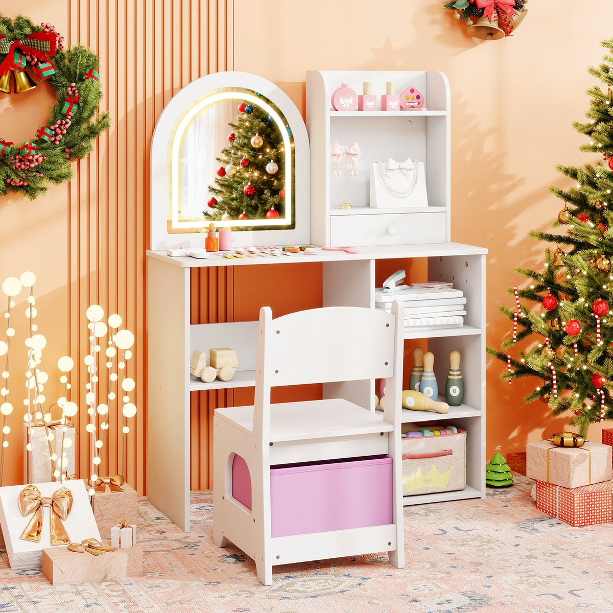 Kids Vanity Set Princess Girls Makeup Vanity Desk with Chair and 3-Color LED Lighted Mirror