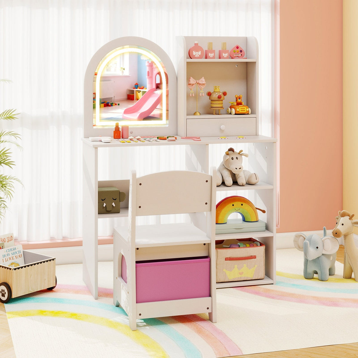 Kids Vanity Set Princess Girls Makeup Vanity Desk with Chair and 3-Color LED Lighted Mirror
