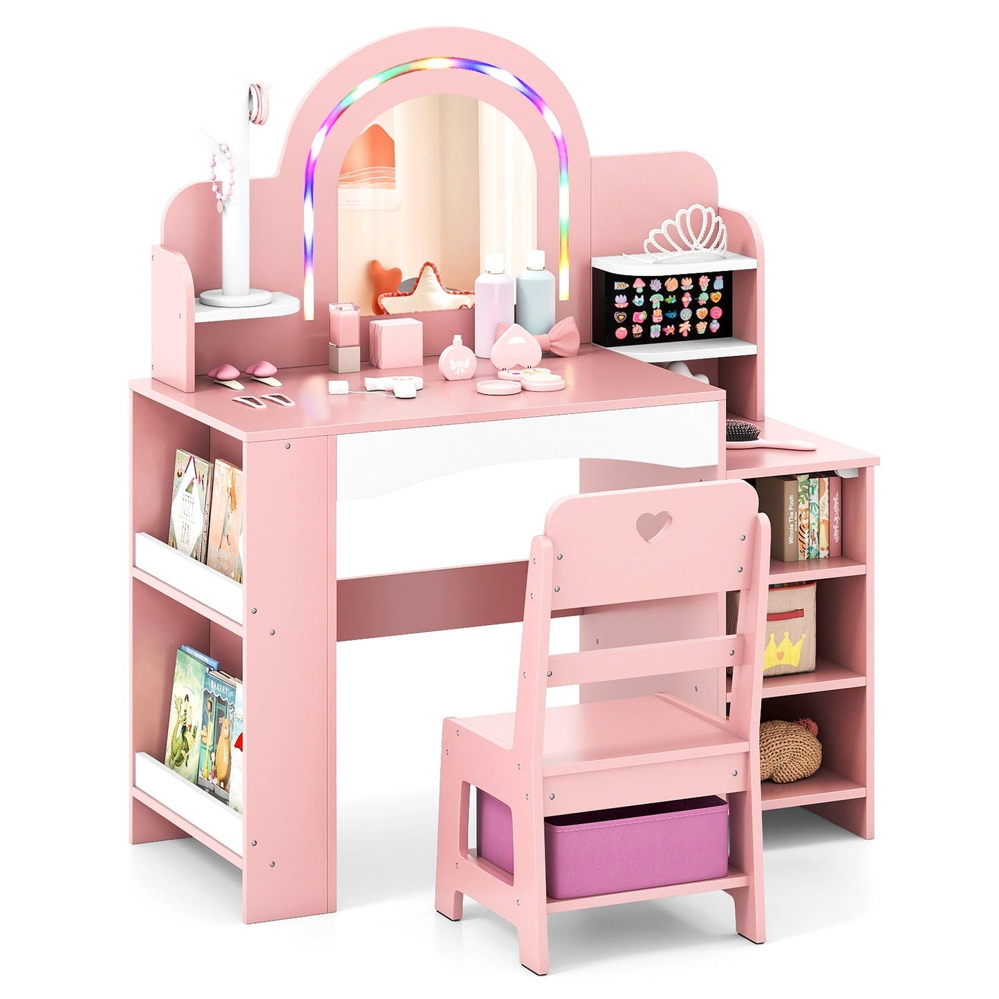 Kids Vanity Set with Colorful LED Lights Princess Makeup Dressing Table with Chair