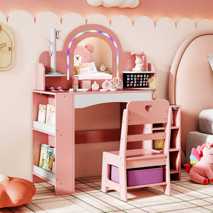 Kids Vanity Set with Colorful LED Lights Princess Makeup Dressing Table with Chair