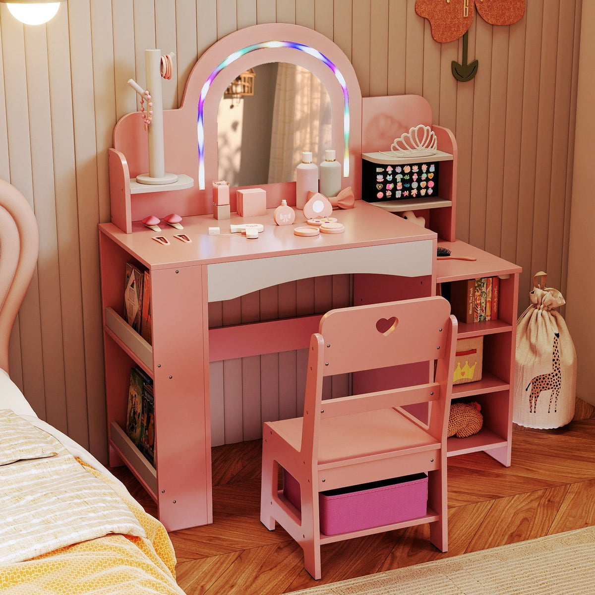 Kids Vanity Set with Colorful LED Lights Princess Makeup Dressing Table with Chair