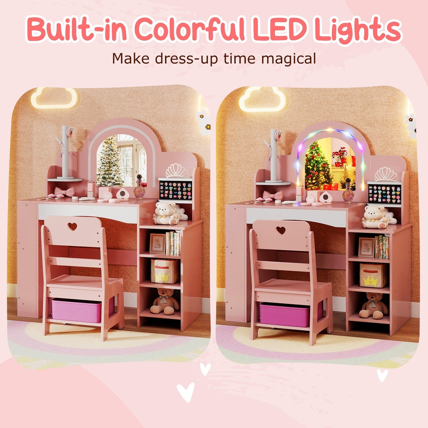 Kids Vanity Set with Colorful LED Lights Princess Makeup Dressing Table with Chair