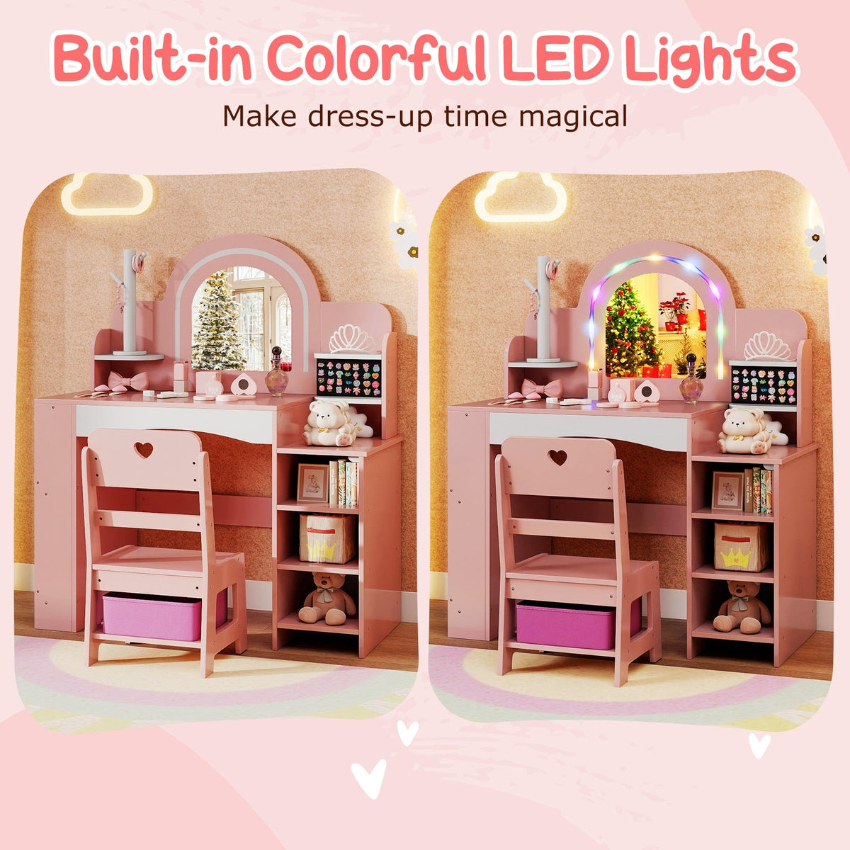 Kids Vanity Set with Colorful LED Lights Princess Makeup Dressing Table with Chair