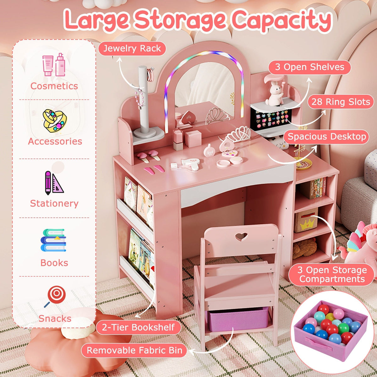 Kids Vanity Set with Colorful LED Lights Princess Makeup Dressing Table with Chair