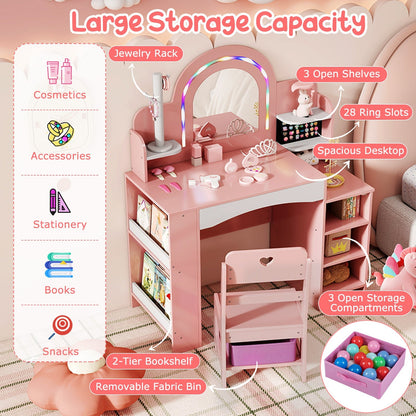 Kids Vanity Set with Colorful LED Lights Princess Makeup Dressing Table with Chair