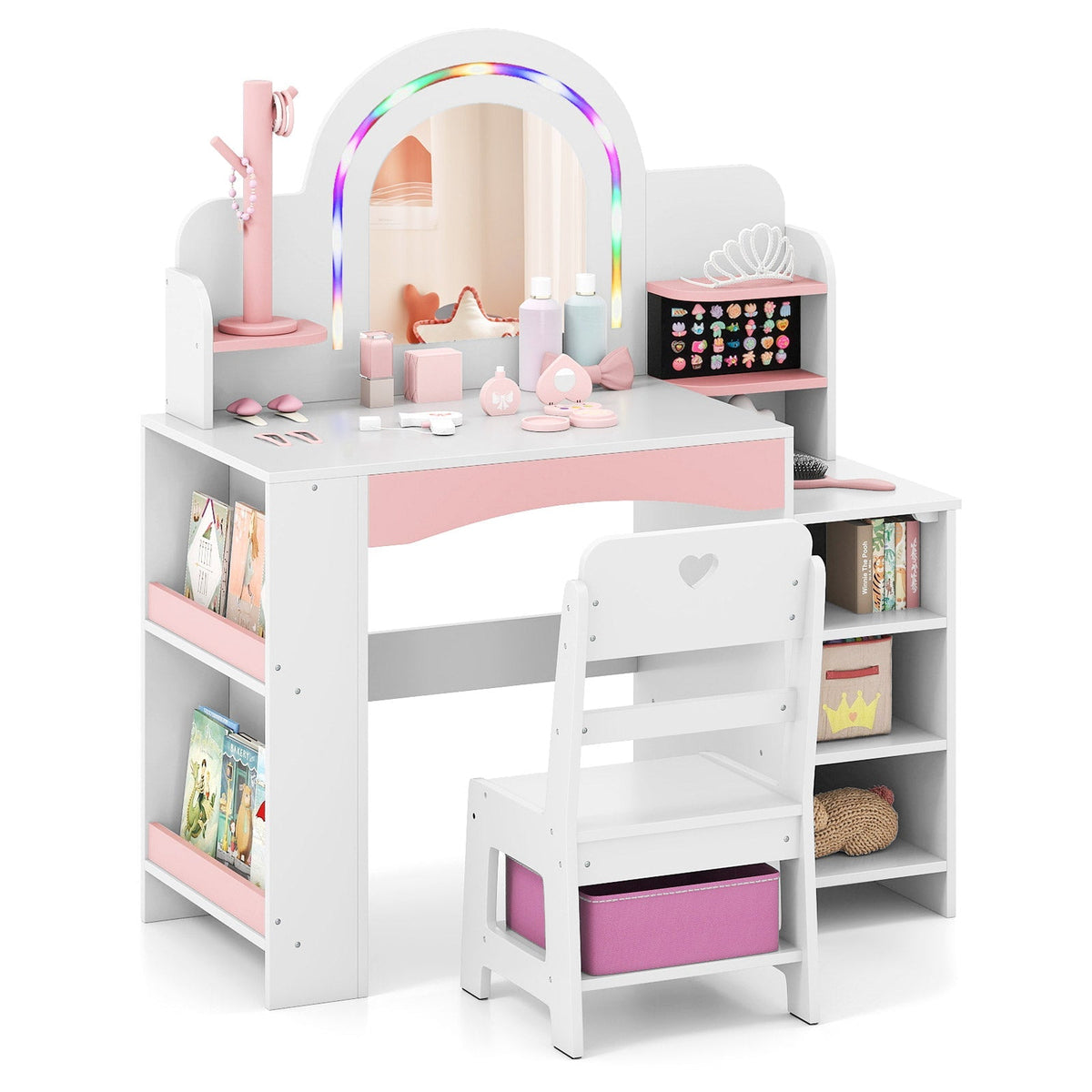 Kids Vanity Set with Colorful LED Lights Princess Makeup Dressing Table with Chair
