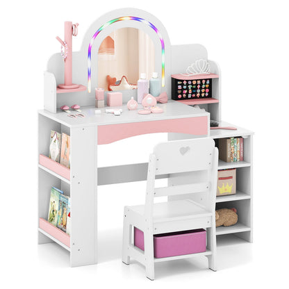 Kids Vanity Set with Colorful LED Lights Princess Makeup Dressing Table with Chair
