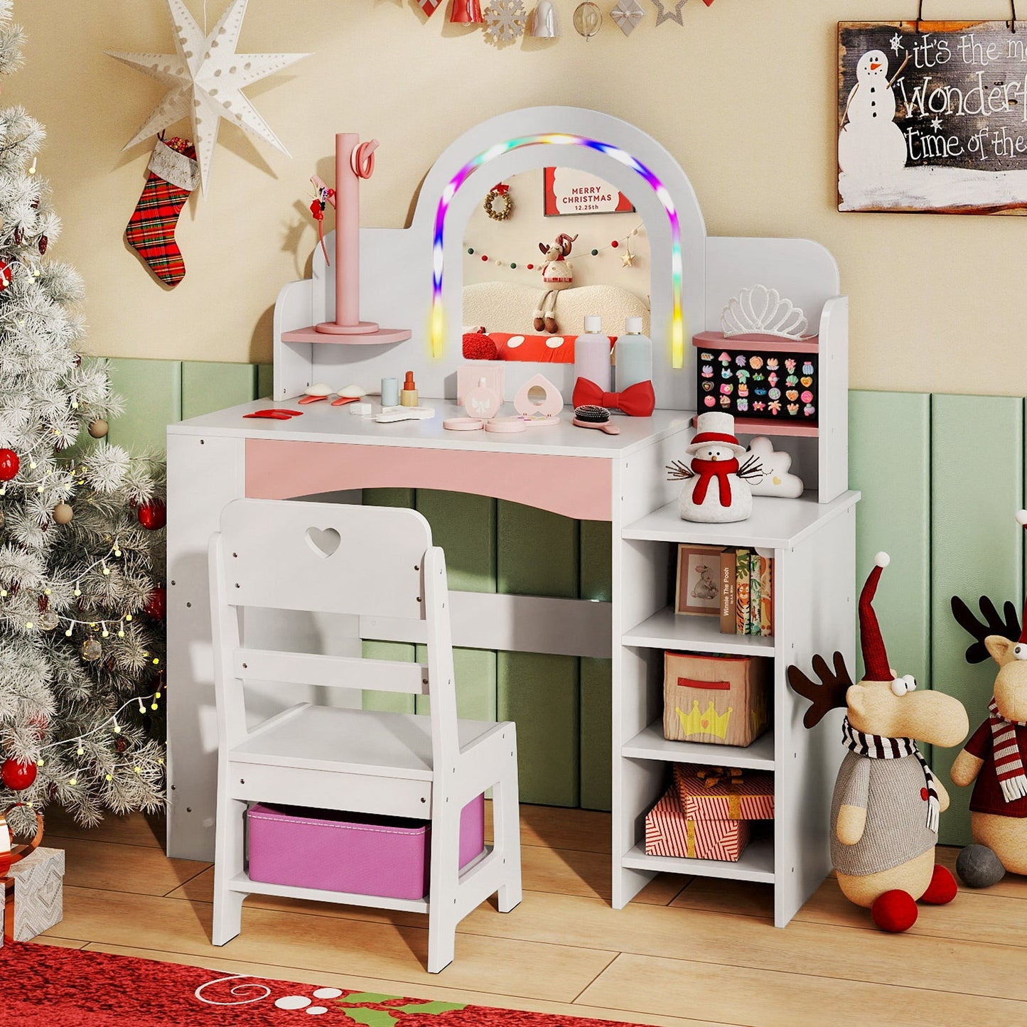 Kids Vanity Set with Colorful LED Lights Princess Makeup Dressing Table with Chair