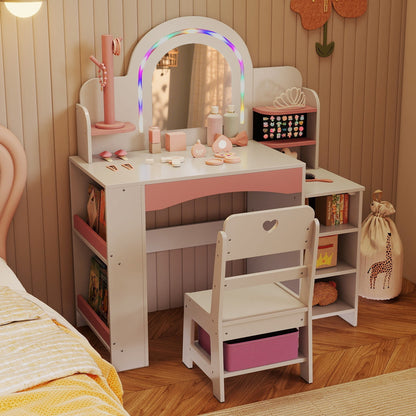 Kids Vanity Set with Colorful LED Lights Princess Makeup Dressing Table with Chair
