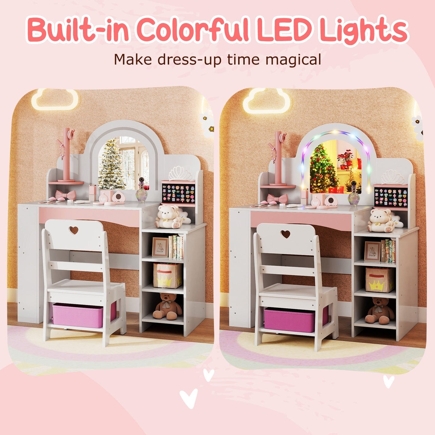 Kids Vanity Set with Colorful LED Lights Princess Makeup Dressing Table with Chair