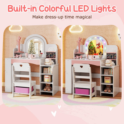 Kids Vanity Set with Colorful LED Lights Princess Makeup Dressing Table with Chair