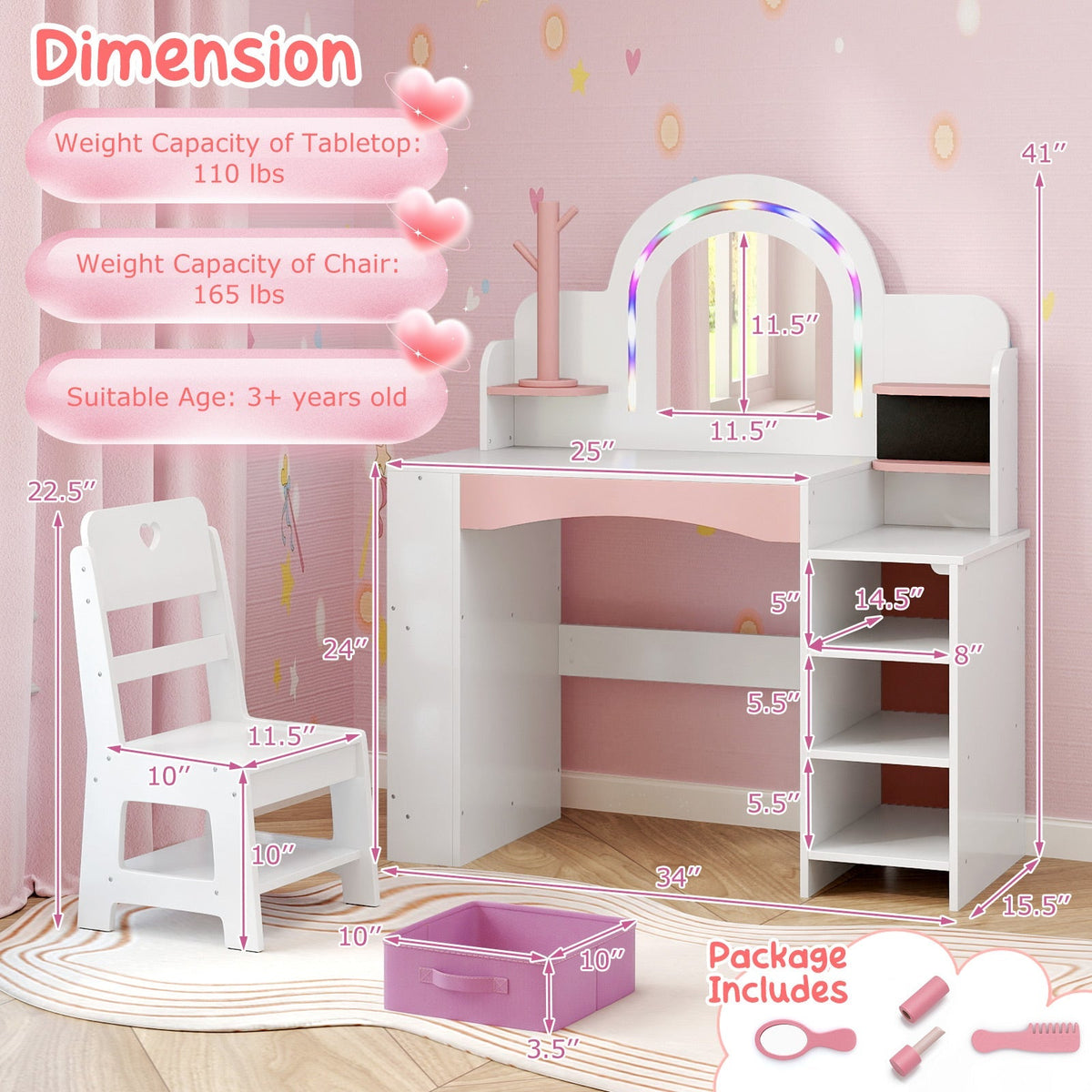 Kids Vanity Set with Colorful LED Lights Princess Makeup Dressing Table with Chair