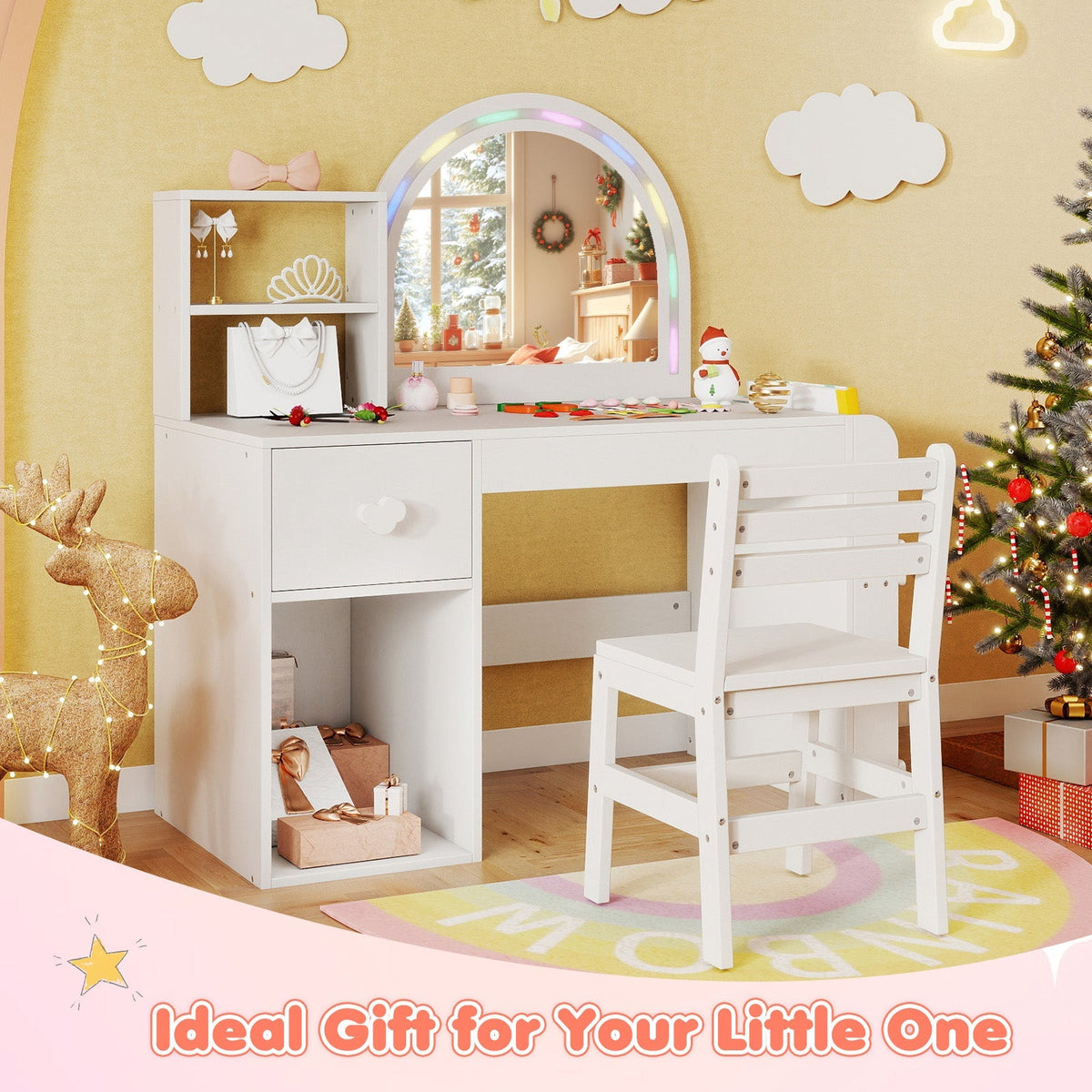 Kids Vanity Table and Chair Set with Lighted Mirror for Kids Aged 3+ Years Old