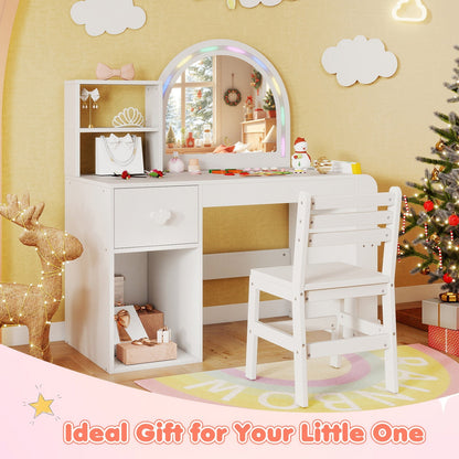Kids Vanity Table and Chair Set with Lighted Mirror for Kids Aged 3+ Years Old